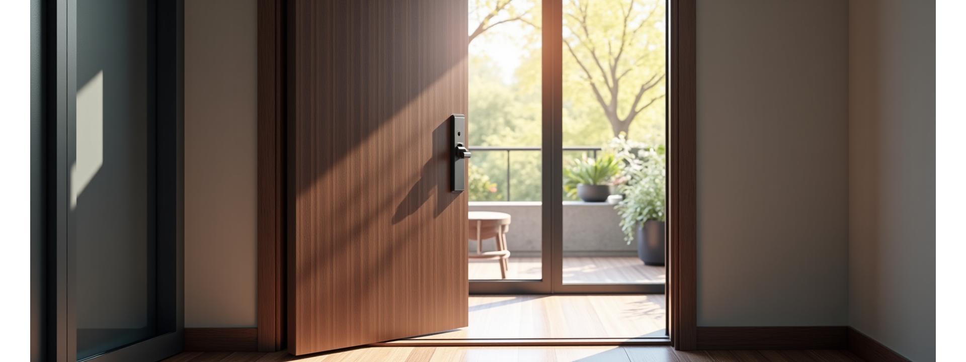 Stunning modern wooden door with sleek black hardware opening into a bright, airy apartment interior