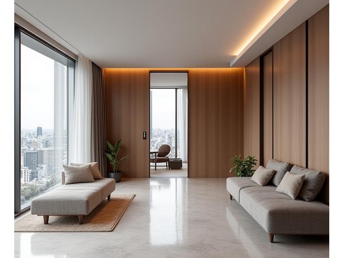 A beautifully designed, modern apartment interior featuring a sleek wooden acoustic door that complements the contemporary aesthetic.